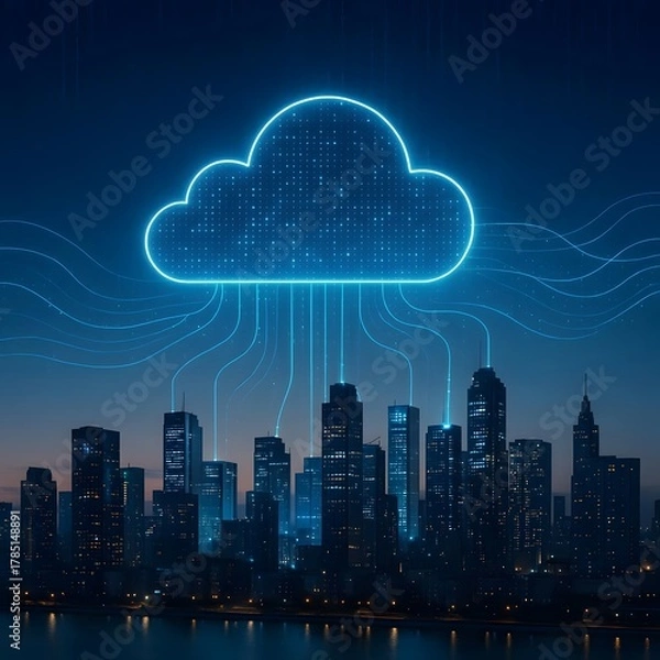 Obraz Futuristic city skyline with digital cloud overlay and data flow lines