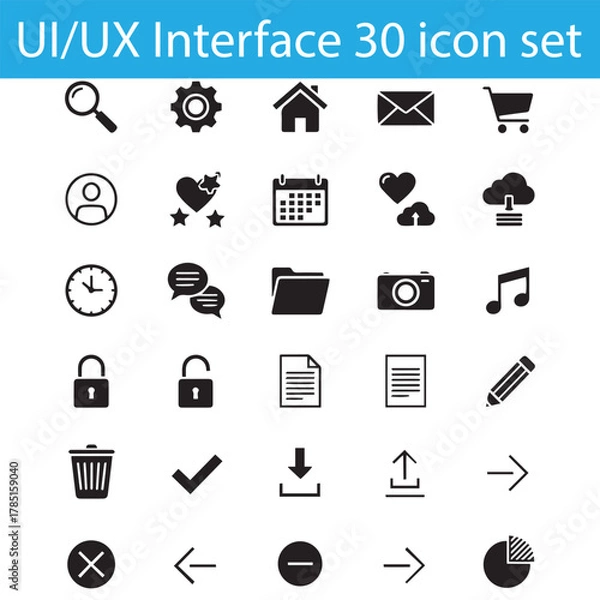 Fototapeta UI UX Interface Icon Set, 30 Black Silhouette Vector Icons for Web, App, and User Interface Design