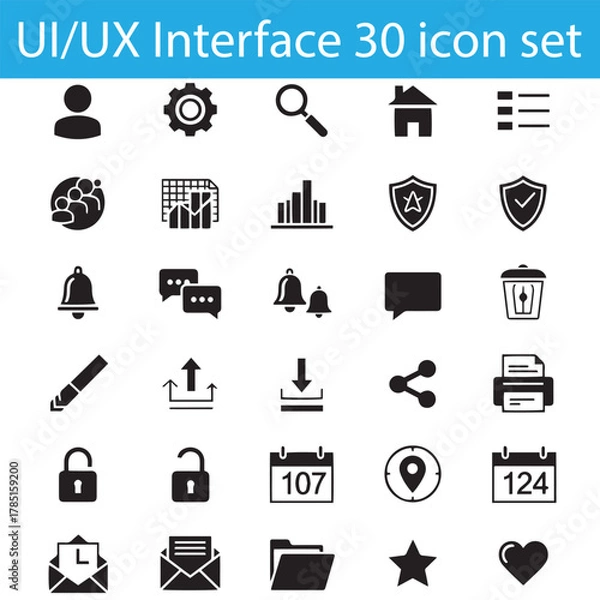 Fototapeta UI UX Interface Icon Set, 30 Black Silhouette Vector Icons for Web, App, and User Interface Design