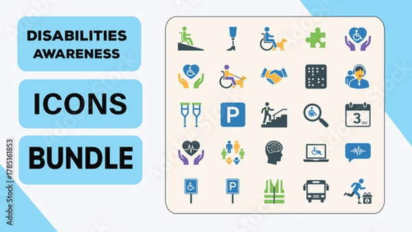 Fototapeta Disability Awareness and Accessibility Icons Bundle  Flat Color Set