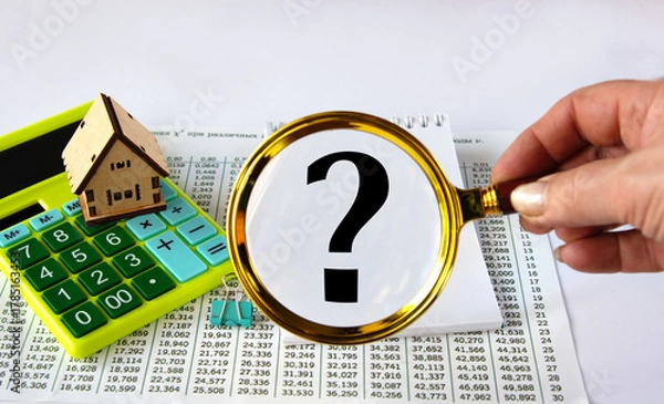Fototapeta Question mark on a white sheet of paper with a calculator and a wooden house in the background