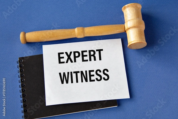 Fototapeta EXPERT WITNESS - words on a white sheet on a black notebook with a judge's gavel in the background