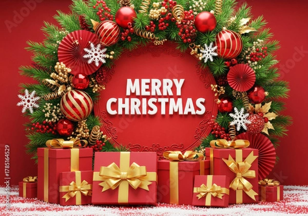 Fototapeta Large, vibrant Christmas wreath of pine, red and gold ornaments, and ribbons, framing MERRY CHRISTMAS text, with red and gold gifts below.