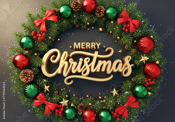 Fototapeta Elegant Christmas wreath featuring gold, bronze, and dark ornaments, pine cones, and lights, centered with golden script Merry Christmas text.