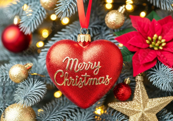 Fototapeta Close-up of a red heart-shaped "Merry Christmas" ornament hanging on a blue-toned pine tree, surrounded by gold ornaments, lights, and a poinsettia.