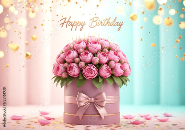 Fototapeta A pastel pink hatbox filled with a lush bouquet of pink roses, tied with a satin bow, with Happy Birthday script above, and confetti.