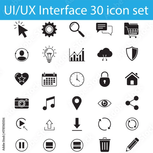Fototapeta UI UX Interface Icon Set, 30 Black Silhouette Vector Icons for Web, App, and User Interface Design