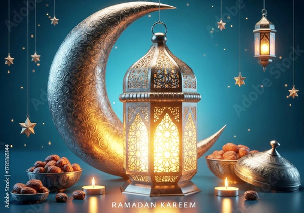 Fototapeta A glowing, ornate metal lantern and a large silver crescent moon, surrounded by dates and candles on a deep teal background for Ramadan Kareem.