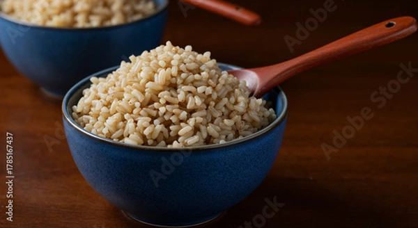 Fototapeta Close-Up of Cooked Brown Rice in Blue Bowls with Wooden Spoon and Warm Studio Lighting
