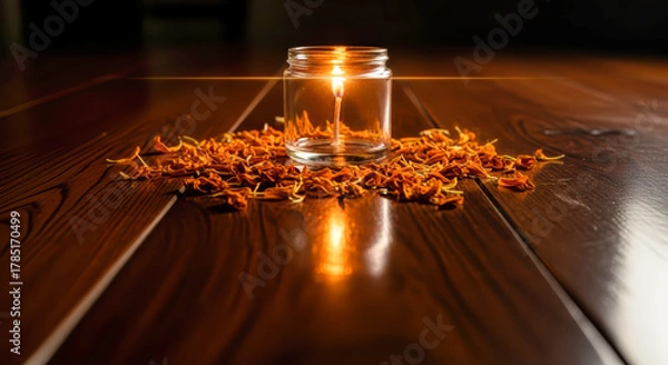 Fototapeta Lit candle in glass jar surrounded by marigold petals on polished wood, concept of golden reflection, relaxation, and soothing ambiance