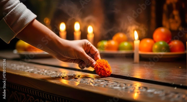 Fototapeta Hand placing marigold flower on altar with candles, offering with hazy glow.