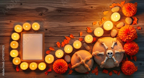 Fototapeta Day of the Dead Ofrenda with pan de muerto, candles and marigolds on rustic wood, warm remembrance.