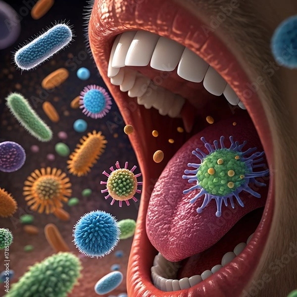 Fototapeta Oral Microbiome with Various Bacteria and Viruses