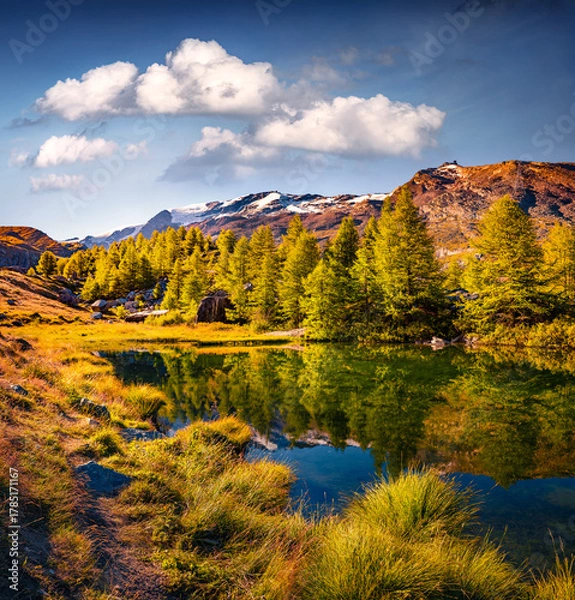 Fototapeta Colorful autumn view of Grindjisee lake, Switzerland, Europe. Stunning morning scene of Swiss Alps, Zermatt resort location. Beauty of nature concept background.