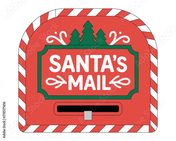 Fototapeta A red mailbox with a green sign that reads 'SANTA'S MAIL' and three green trees.