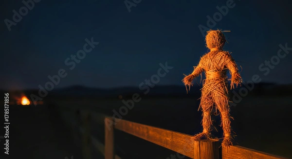 Fototapeta Scarecrow silhouette on fence at night with bonfire glow, concept of rural autumn.