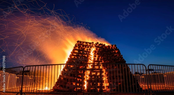 Fototapeta Stacked wood burning with flying sparks at night, warm glow of bonfire.
