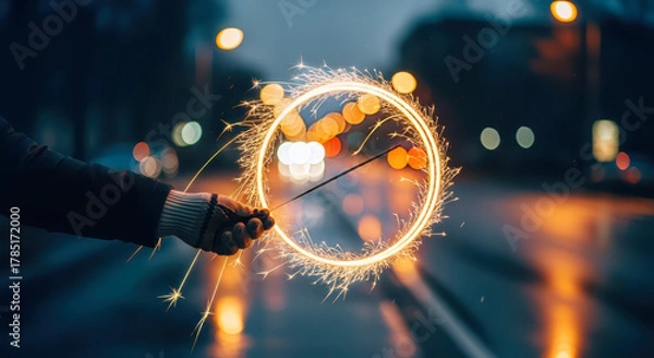 Fototapeta Hand holding sparkler making light circle on wet street, celebrating holiday spirit