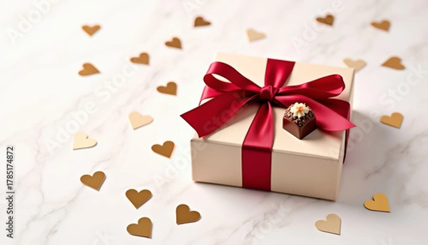 Fototapeta A gift box with a red ribbon and chocolate, surrounded by gold paper hearts