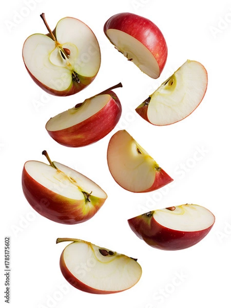 Obraz Set of fresh red apples slices isolated on transparent background, group of pieces of fresh fruit collection