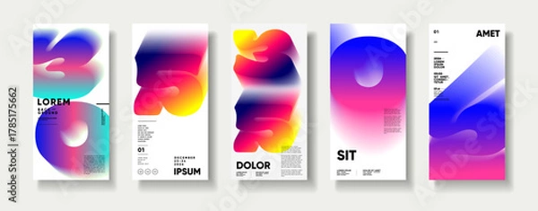 Fototapeta A collection of five modern, abstract poster designs featuring bold typography and vibrant gradients. Geometric shapes and color schemes, ideal for creative projects 
