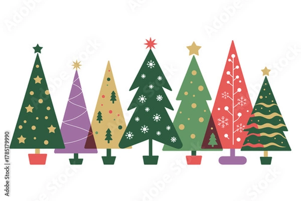 Fototapeta A festive collection of decorated Christmas trees in various styles and colors is displayed.