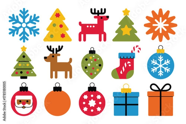 Fototapeta A collection of festive Christmas icons including snowflakes, trees, deer, and ornaments.