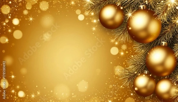Fototapeta Golden christmas holiday ornaments hang from fir branches with glittering sparkles warm bokeh lights, elegant festive background space for text for cards, banners, marketplace product card background