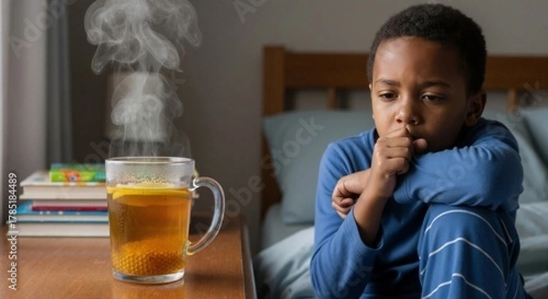 Fototapeta Sick child with a cold coughing in bed at home. A hot cup of tea with lemon as a home remedy. Childhood illness and flu season concept