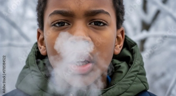 Fototapeta Close-up portrait of a young Black boy exhaling visible breath in the cold. Child seeing his breath on a frosty winter day outdoors