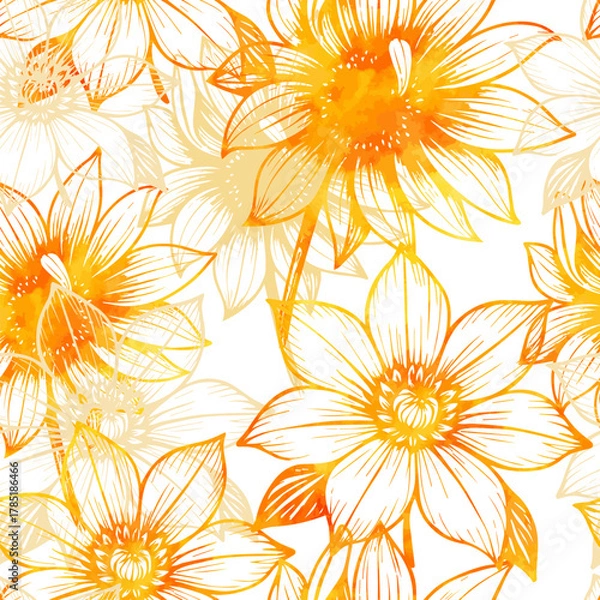 Fototapeta Seamless pattern with yellow watercolor flowers . Hand drawn. Not AI, vector illustration