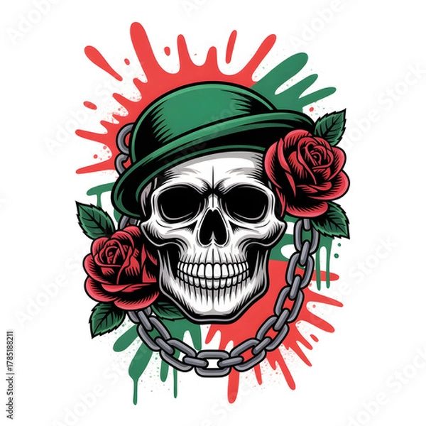 Fototapeta Edgy Graphic Art: Skull in Bowler Hat with Roses and Chain on Paint Splatter Background