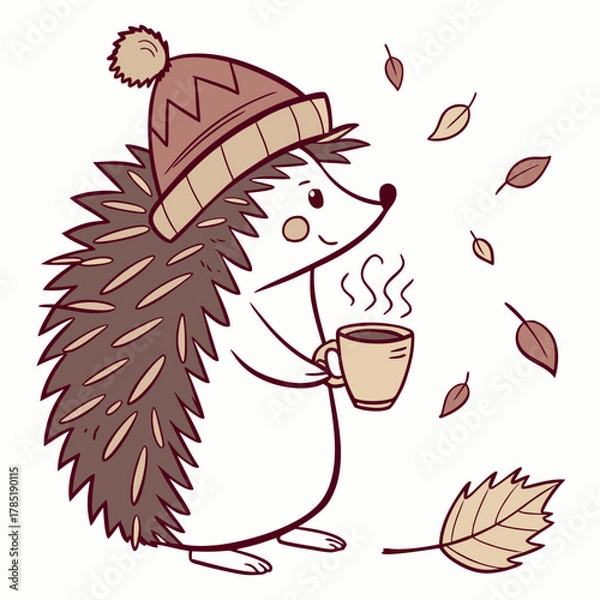Obraz Hedgehog wearing hat drinking hot coffee with autumn leaves