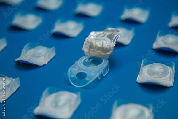 Obraz Side view in focus is an open container with contact lenses on top of which lies a transparent blue lens against a background of contact lens containers on a blue background. Concept of vision