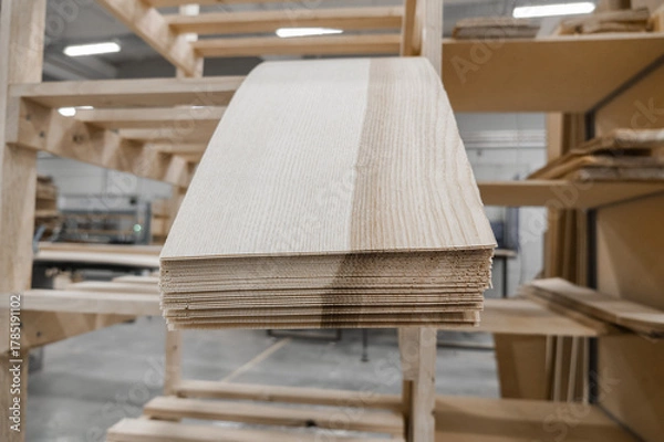Fototapeta Stacked lumber fills a warehouse, neatly arranged on shelving. Concept of resourcefulness, construction materials, or sustainable forestry is conveyed.