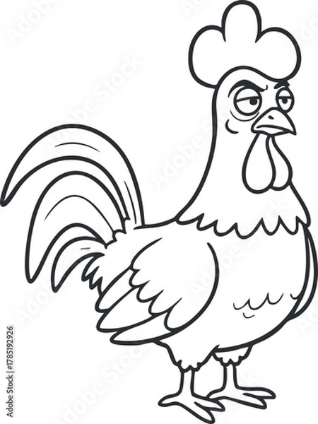 Fototapeta Cartoon outline illustration of a rooster character with a playful expression, perfect for farm-themed designs and children's media