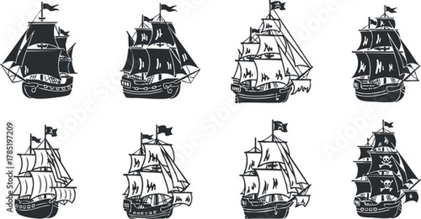 Fototapeta Collection of black and white vector illustrations of various sailing ships for nautical-themed design projects