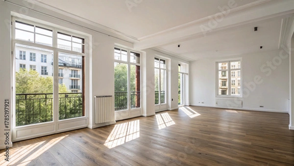 Obraz Empty modern apartment interior with large windows and wooden flooring in bright sunlight