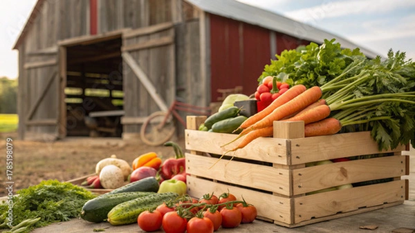 Fototapeta Freshly harvested vegetables in a wooden crate near rustic barn on farm