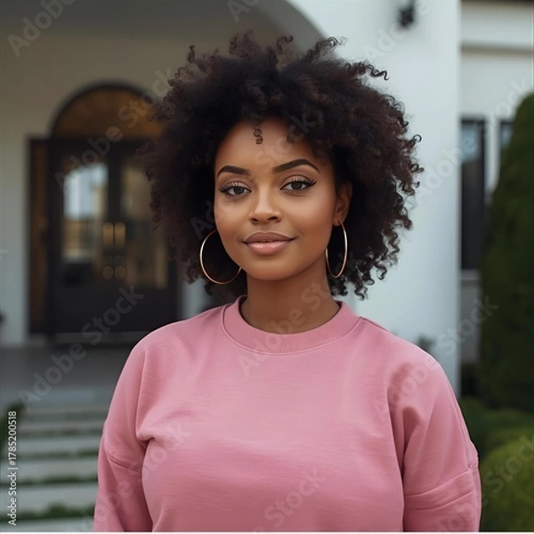 Obraz Smiling Young Black Woman in Pink Sweatshirt in Front of Modern Luxury Home