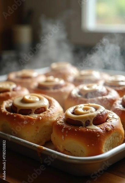 Fototapeta Fluffy Cinnamon Roll Delight Swirled Dough Caramelized Sugar Indulgence Cream Cheese Frosting