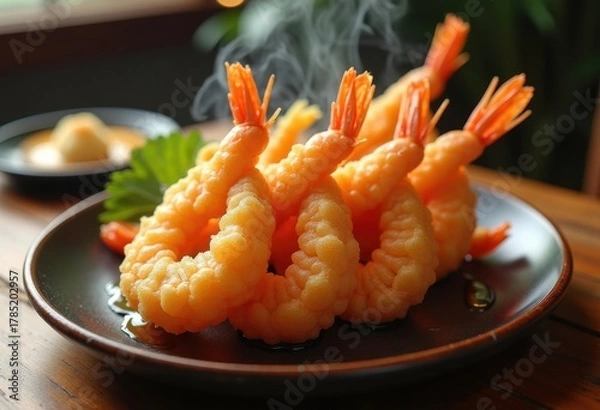Fototapeta Golden Shrimp Tempura Crispy Coating Served with Flavorful Dipping Sauce