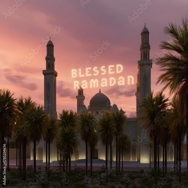 Fototapeta Evening view of a mosque with palm trees and a welcoming message