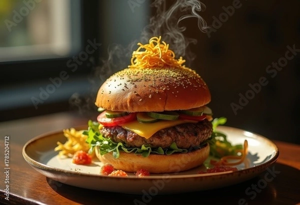 Fototapeta Opulent Burger Drenched in Gold Leaf Surrounded by Lavish Ingredients and Striking Visual Elements