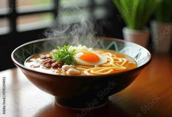 Fototapeta Ramen Bowl Featuring Gondola Wave of Broth Seamlessly Embracing Soft Boiled Egg Surrounded by Chopped Scallion Oils
