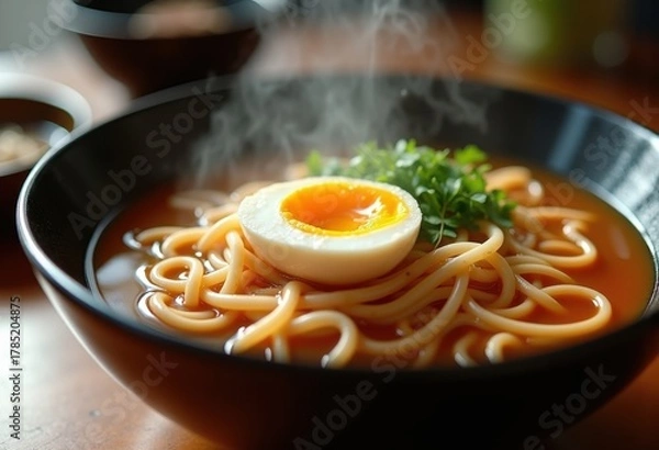 Fototapeta Ramen Bowl with Soft Boiled Egg Rich Broth and Fresh Tendril Garnish
