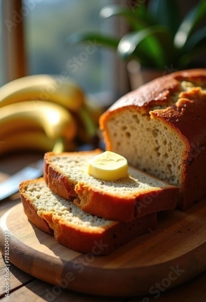 Fototapeta Rustic Banana Bread Loaf Beautifully Arranged With Natural Soft Butter Against Vintage Wooden Backdrop