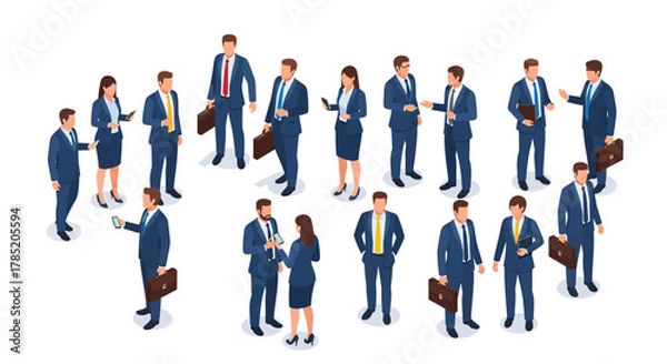 Fototapeta Isometric illustration of a diverse group of business professionals in formal attire, standing and interacting, representing teamwork and corporate environment.