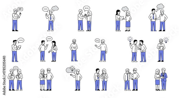 Fototapeta People communicating and interacting with each other in various scenarios.