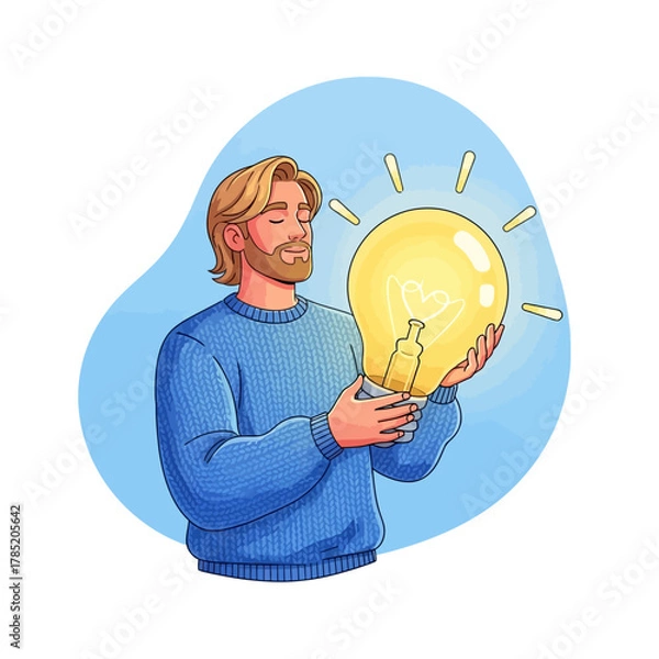 Fototapeta Man Holding a Brightly Glowing Light Bulb Symbolizing an Idea.